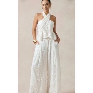 Micas White Floral Embroidery Crossed Halter Neck Tie-Up Backless Tank Top S